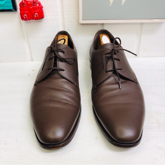 Prada Saffiano Mens Derby Oxford Luxury Leather Brown Lace Ups Size 9.5 - Picture 2 of 15